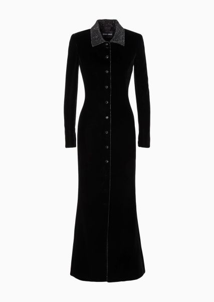 Femme Black Manteau Long À Simple Boutonnage En Velours Coût Manteaux