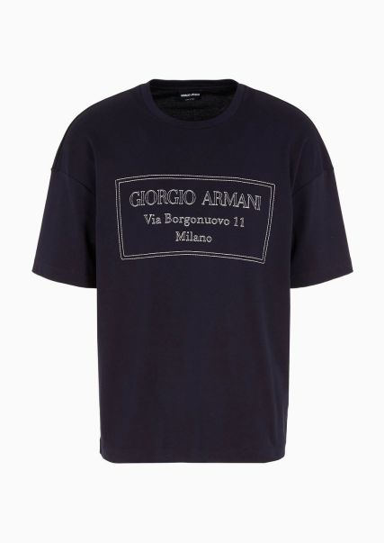 T-Shirt En Coton Surdimensionné Avec Logo Armani Sustainability Values Brodé T-Shirts Homme Biologique Navy Blue